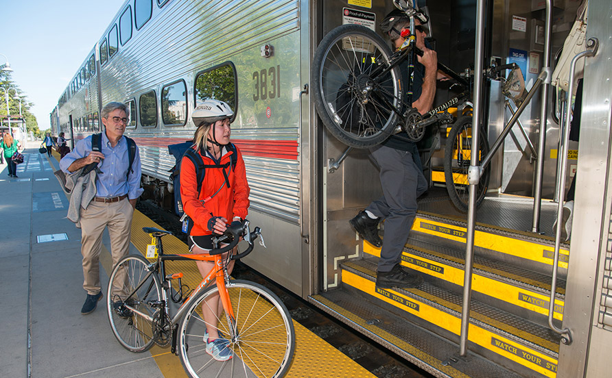 People boarding the Caltrain